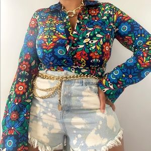 Colorful groovy floral print blouse